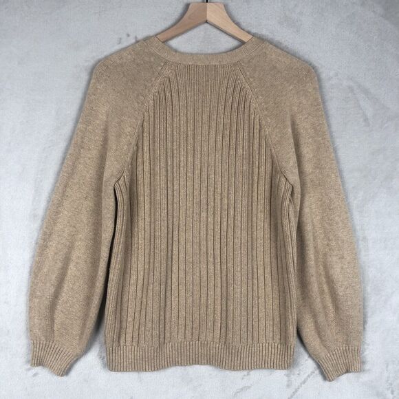TALBOTS Sweater Women’s Sz L Tan Cotton Long Balloon Sleeve V-Neck Ribbed Raglan - Picture 2 of 10